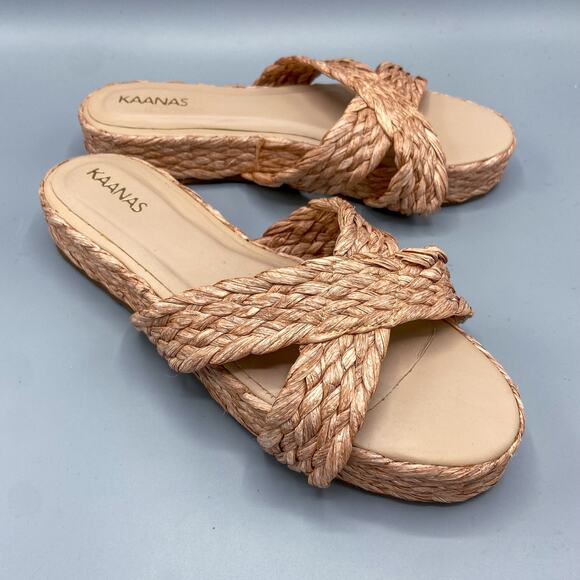 KAANAS‎ Inagua Crossover Raffia Braid Sandals Size 9 Beige Pink Flatform Slides - Picture 10 of 10